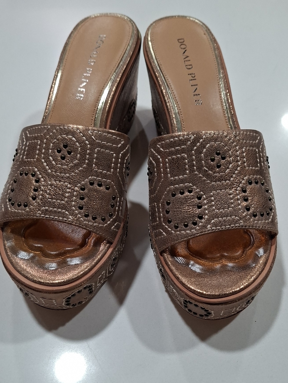Donald J. Pliner Metallic Taupe Studded Slide Wedges